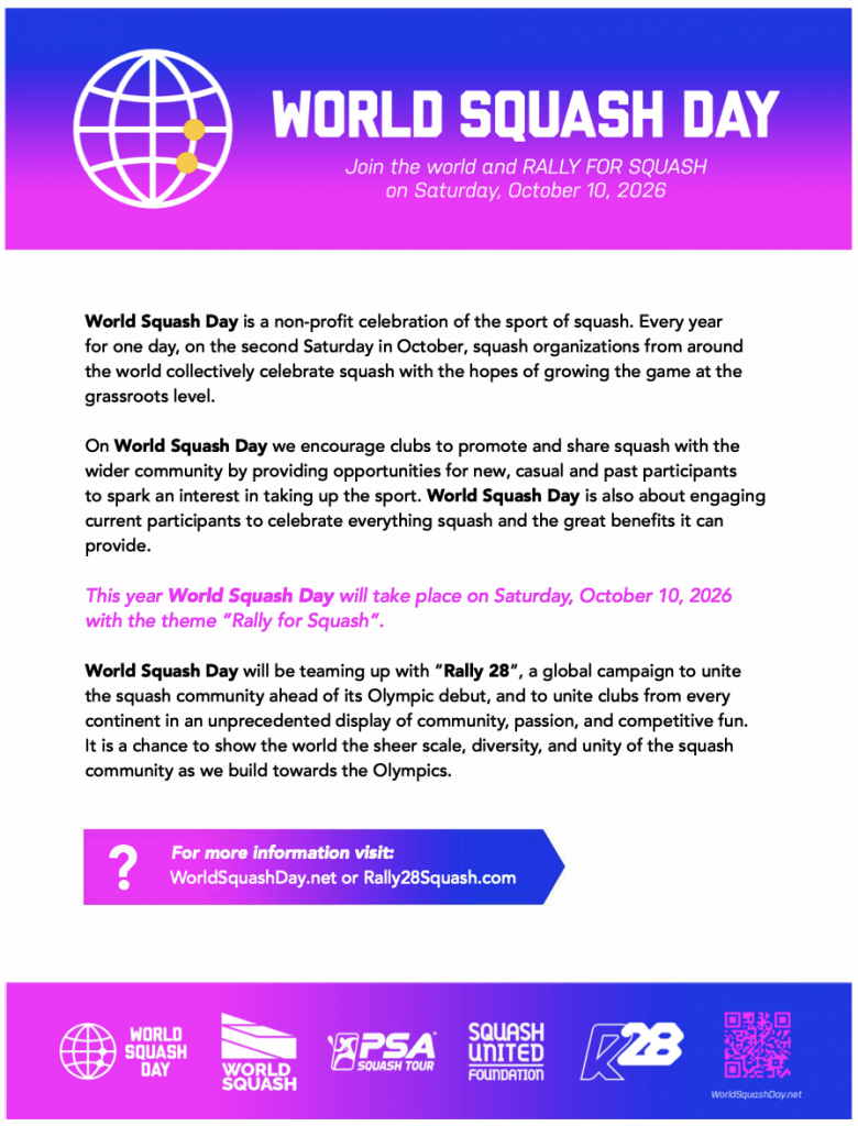 Graphic of a poster describing what is World Squash Day